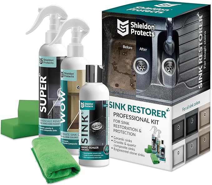 Shieldon Protects Sink Restorer Kit – 3-Step System: Heavy Duty Kitchen Sink Cleaner, Hard Water Stain Remover & Nano Sealer Protector for Granite Composite, Quartz, Porcelain & Ceramic Kitchen Sinks