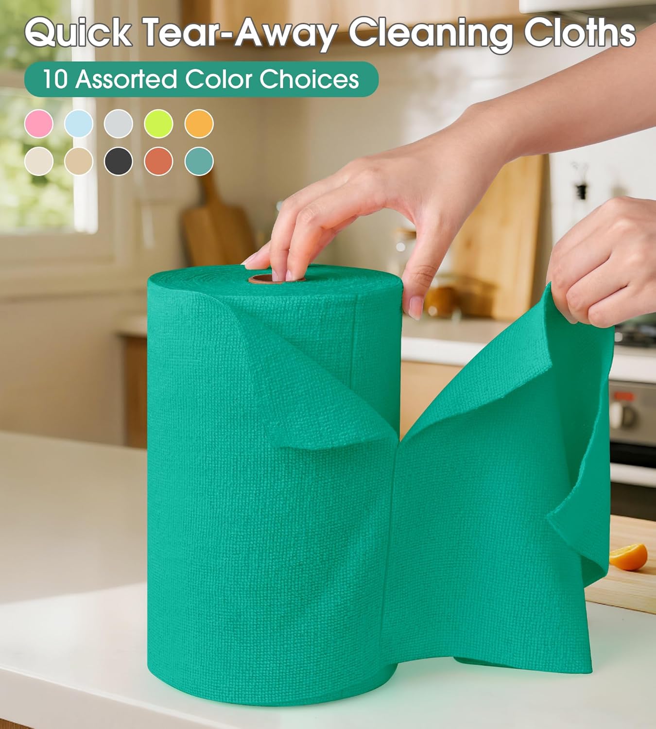 KitchLife Microfiber Cleaning Cloth Roll, 100 Pack - Tear-Away Microfiber Paper Towels, Lint-Free, Reusable, Washable for Kitchen, Car, Dishes, and Sensitive Surfaces (Forest Green)