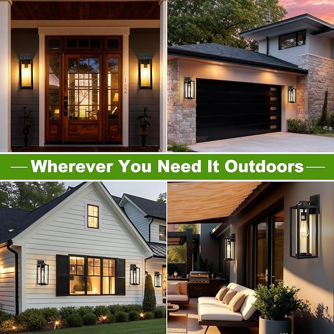 20inch Large Outdoor Wall Lights - 2 Packs Modern Black Exterior Light Fixture with Clear Glass Shade, Waterproof Porch Lighting for House, Farmhouse Sconces Lantern for Front Door, Garage