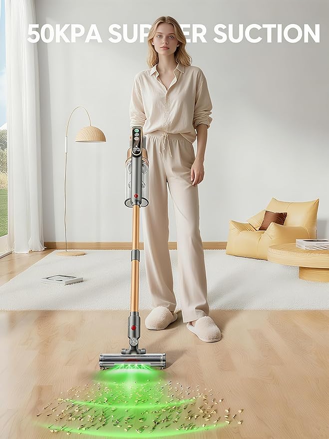 Cordless Vacuum Cleaner, 600W/50KPA/65Mins Vacuum Cleaners for Home, Super 1.8L Cup& Large LED Screen Stick Vacuum Anti-Tangle, Lightweight Cordless Vacuum with Charging Dock for Pet Hair/Carpet/Floor