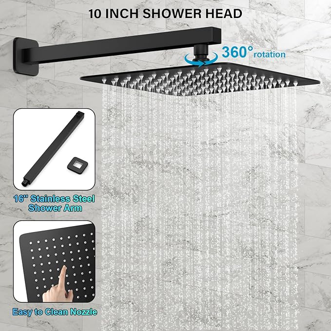 Black Shower Faucet Set, Rainfall Shower System with Square Shower Head and Handle Set, Wall Mounted Shower Fixtures, Full Metal Trim Repair Kit 10 inch Matte Black (With Shower Valve)