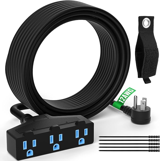 Outdoor Extension Cord 100 Ft with 3 Outlets, 12/3 SJTW 3 Prong Grounded Power Cord, 12 Gauge 12AWG Heavy Duty Power Cable, ETL Listed, 15 Amp 125 V 1875 W-Multiple Outlets for Indoor/Outdoor-Black