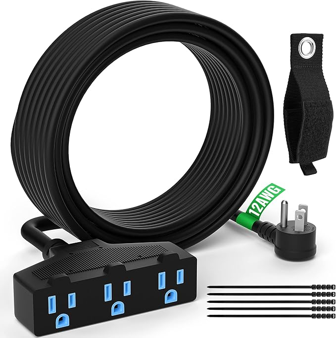 Outdoor Extension Cord 75 Ft with 3 Outlets, 12/3 SJTW 3 Prong Grounded Power Cord, 12 Gauge 12AWG Heavy Duty Power Cable, ETL Listed, 15 Amp 125 V 1875 W-Multiple Outlets for Indoor/Outdoor-Black