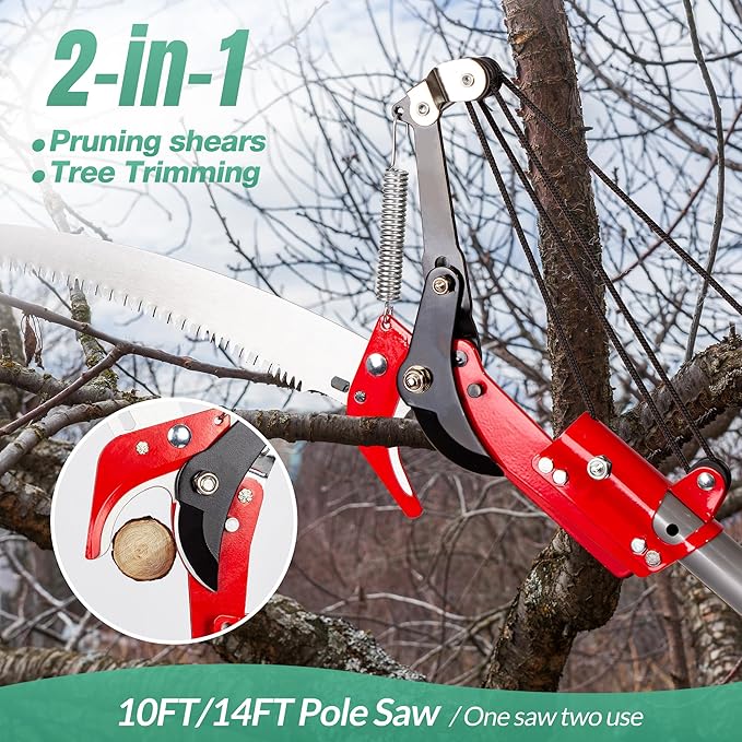 Suchtale 14ft Pole Saw, Manual Tree Pruner with Sharp Steel Blade, Trimmer with Scissors and High Strength Lightweight Handles for Pruning High Branches, Shrubs and Twigs at Forest Yard Garden Patios