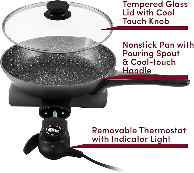 Elite Gourmet EG6207 Scratch Resistant 10.5-inch (2Qt) Fry Pan, Easy-Pour Spout Dishwasher Safe, Non-stick Electric Skillet with Glass Vented Lid, Adjustable Temperature, Black
