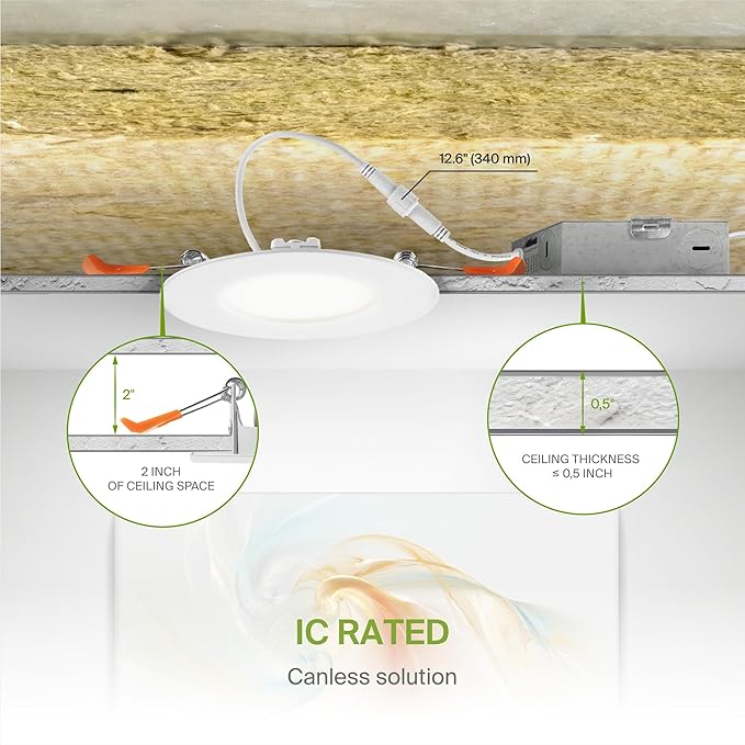 ASD 6 Pack 3 Inch LED Recessed Light 6W, 5 CCT 2700K-5000K CRI90+, IC Rated Ultra Thin Dimmable Ceiling Lights with J Box, Canless Wafer Downlight, Round Slim Panel Lighting, UL Energy Star, White