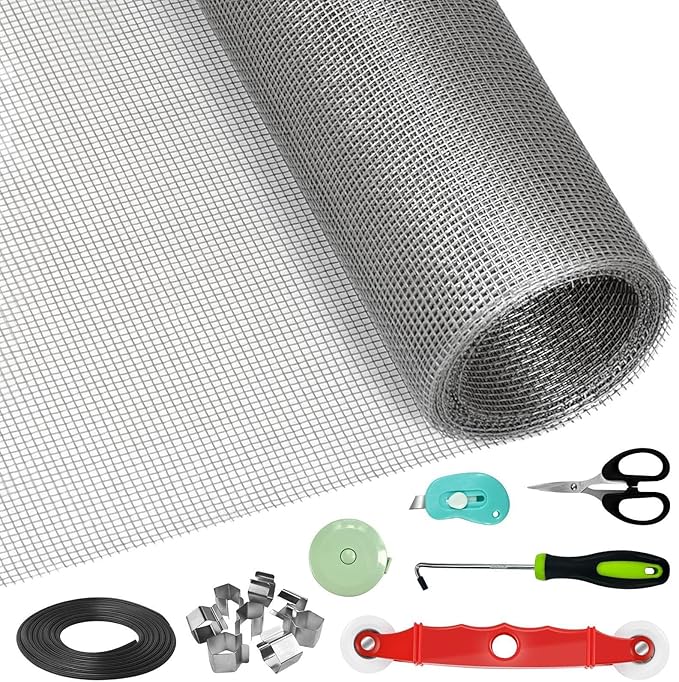 Window Screen Door Repair/Replacement Kit,48" x178" Adjustable Durable Fiberglass Window Screen Mesh,with Spline/Roller/Hook/Clips Screen Door Repair Kit,DIY Window,Porch Sliding Door(Grey)