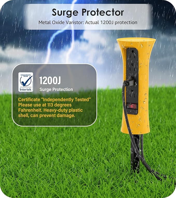 CCCEI Outdoor Power Strip Weatherproof with Stake, Waterproof Extension Cord with Multiple Outlets, Christmas Exterior Garden Decor, Yard, Camping, 4 Plugs, Surge Protector 6FT, Yellow.