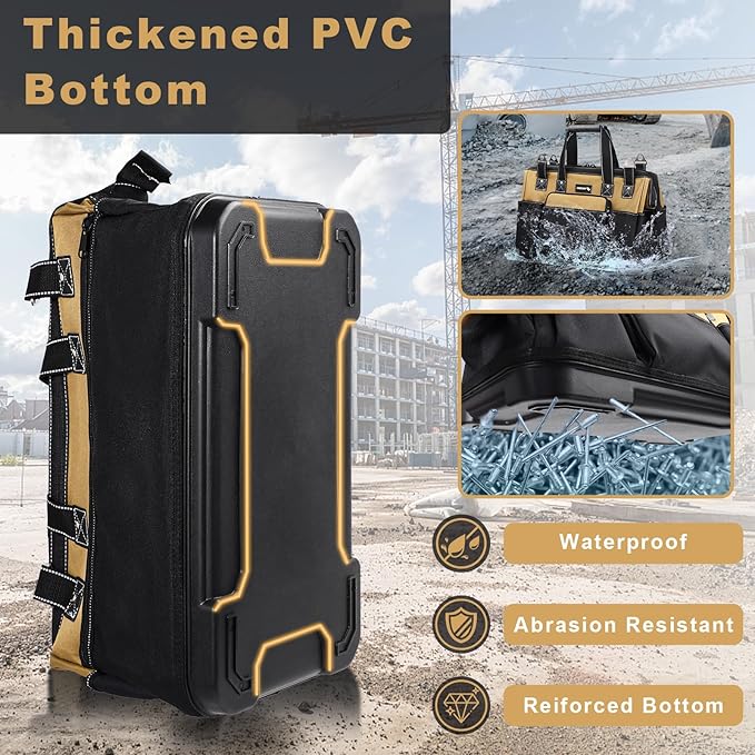 17 IN Large Tool Bag For Men Heavy Duty, Drill Bag Tool Bag Organizer, Wide Mouth Waterproof Hard Bottom Multiple Pockets Tool Tote, Tool Caddy, Maintenance