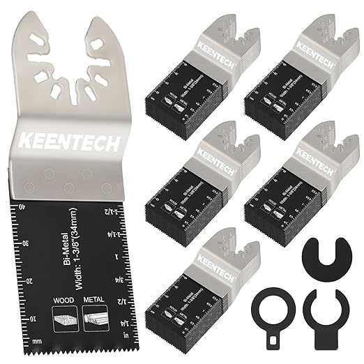KEENTECH 50PCS Bi-Metal Oscillating Tool Blade for Wood & Metal, General Purpose Multitool Blade for Wood Panel, Nails, Bolts, Screw, Drywall, Quick Release Oscillating Saw Blade for Fine Finish