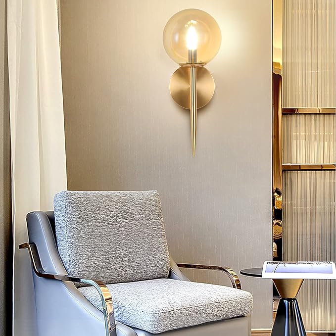 SeeU Gold Wall Sconces Mid Century Style Set of 2,Brass Wall Lamp Fixture,Vanity Light Fixture Wall Lamp with Amber Globe