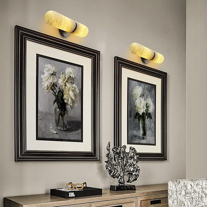 Alabaster Wall Sconces, 13in Black Alabaster Sconce, Modern Spanish Natural Marble Sconces Lights, Sconces for Bathroom Vanity Bedroom Living Room Staircases Hallway