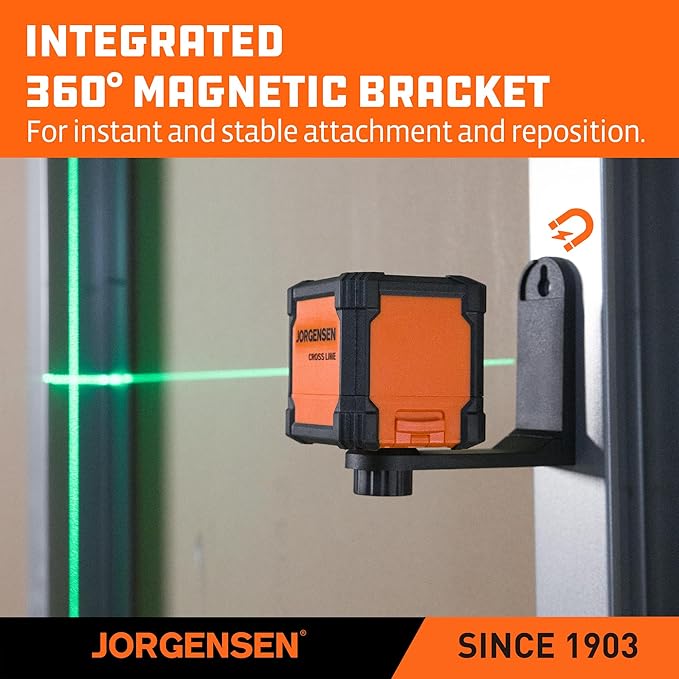 JORGENSEN Laser Level with Tripod, 65 FT Self Leveling Cross Line Laser Leveler Tool with 360° Magnetic Base, Green Laser Level for Picture Hanging, Home Renovation, Indoor Project