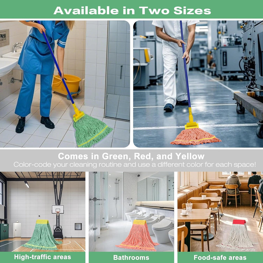 Matthew Cleaning 3Pcs 5'' Headband White&Orange&Green 24Oz Commercial String Mop Heads, Loop-End Mop Head Replacement, Heavy Duty Industrial Washable&Reusable Mop Refills for Residential& Warehouse