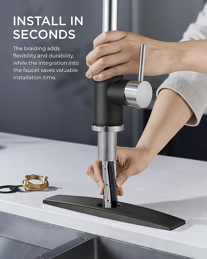 FORIOUS Kitchen Faucets with Pull Down Sprayer, High Arc Single Handle Classic Stainless Steel Sink Faucet 1 or 3 Hole, Suitable for Farmhouse Camper Laundry Rv Bar, Black Brushed