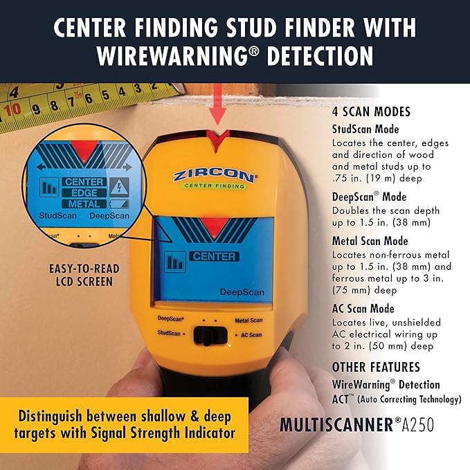 Zircon MultiScanner A250 All-In-One Stud Finder/Metal Detector/Live AC Wire Detection and Scanner,Yellow