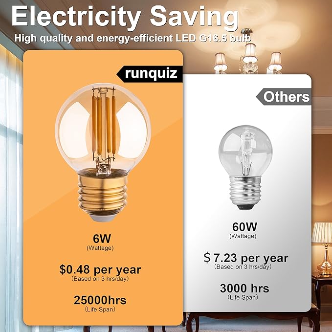 G16.5 Led Bulb, Small Round Edison Light Bulbs, E26 Dimmable Globe Amber Vanity Light Bulbs, 6w 2700k Vintage LED Filament Edison Bulb