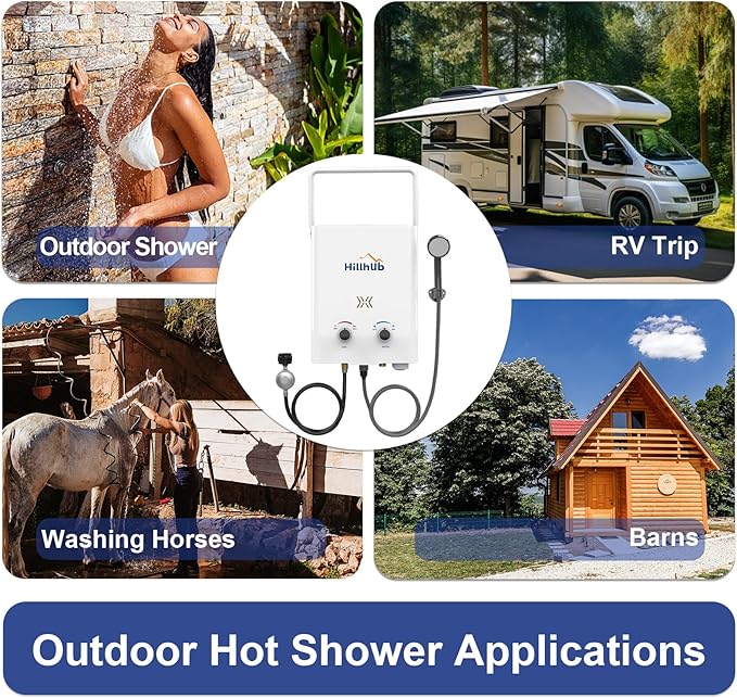 Hillhub Portable Propane Tankless 34,000BTU Water Heater, 1.32GPM Outdoor Shower Water Heater for Camping 5L, Anti-freezing Protection
