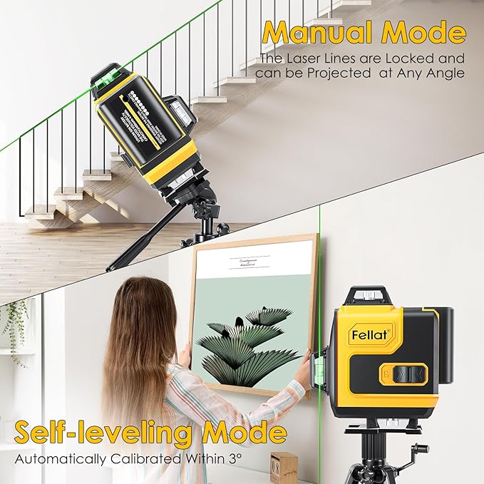 Laser Level, FELLAT 4x360°4D 16 Lines Laser for Construction, Two 360° Vertical and Two 360°Horizontal Green Cross Line Laser with Pulse Mode, Remote Controller and Two Rechargeable Battery