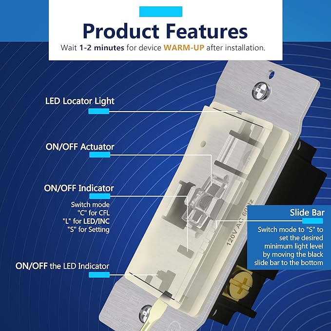 LIDER Dimmer Paddle Switch for Dimmable 300W LED/CFL Lights, 1-Pole or 3-Way, 120 V, Modern Upgrade, UL Listed, Wall Plate Included, Light Almond