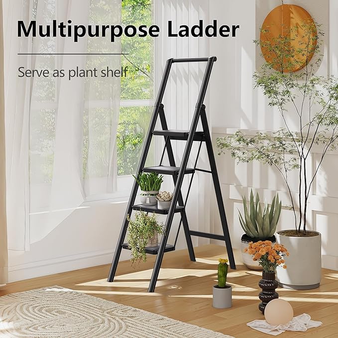 Step Ladder 4 Step Folding Stool with Anti-Slip Widened Sturdy Pedal and Handgrip, Portable and Multi-Use Iron Stepladder for Home, Kictchen, 300 lbs Capacity -Black