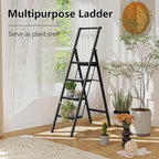 Step Ladder 4 Step Folding Stool with Anti-Slip Widened Sturdy Pedal and Handgrip, Portable and Multi-Use Iron Stepladder for Home, Kictchen, 300 lbs Capacity -Black