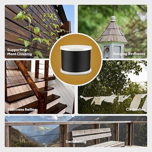 600FT 1/8" T316 Black Stainless Steel Cable, Black Wire Rope Aircraft Cable for Deck Cable Railing Kit, DIY Balustrades, 7x7 Strands Construction, Comes with a Cutter