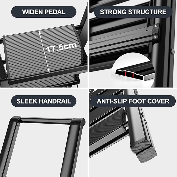 GameGem 4 Step Ladder Folding Iron Step Stool Stepladders with Anti-Slip and Wide Pedal for Home and Kitchen Use Space Saving (Black)