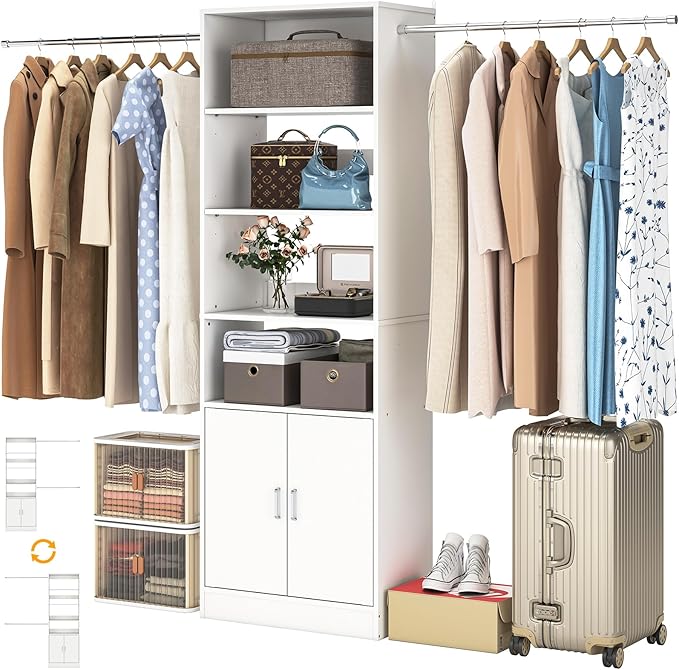 8FT Closet System, 96 Inch Closet Organizer System with Hanging Rods, Heavy Duty Clothing Rack with Cabinet, Walk In Mounted Closet System, Built-In Clothes Garment Rack, White