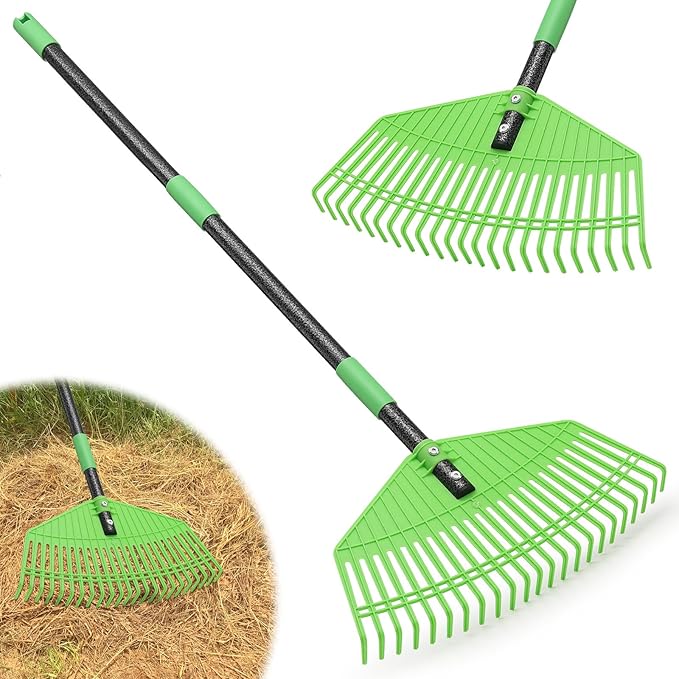 Garden Leaf Rake,16.5” Wide Plastic Leaf Rake for Lawn with 30” Long Handle, Plastic Yard Raking Tools for Lawn Turf Leaves Grass Thatch Debris Pine Needle Cleanup, Lightweight for Kids