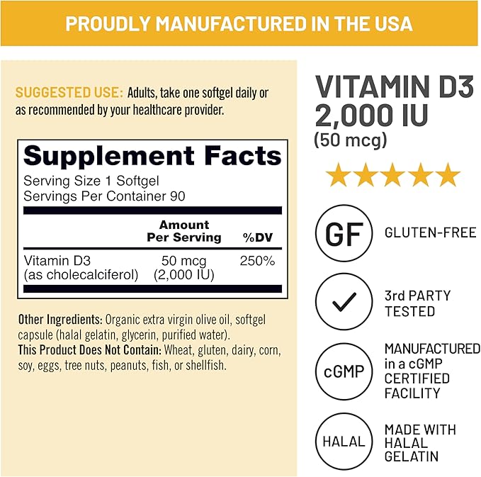 NatureWise Vitamin D3 2000iu (50 mcg) 90-Day Supply for Immune Support, Healthy Muscle Function, and Bone Health - Non-GMO, Gluten Free in Organic Extra Virgin Olive Oil, (Mini Softgel), 90 Count
