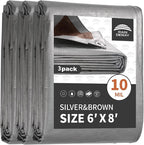 RAINDEWAY Tarps Heavy Duty Waterproof 6x8 Feet(3 Pack),10Mil Thick Multipurpose Poly Small Tarp Cover with Metal Grommets and Reinforced Edges,Silver/Brown Tarp
