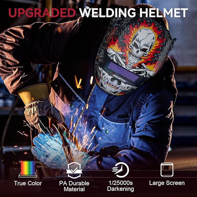 ARCCAPTAIN Welding Helmet Auto Darkening, 1/1/1/1 True Color Welding Hood, 4 Arc Sensor 1/25000s Response Time Solar Powered Weld Hood Helmet HSH-S800 Skeleton Knight