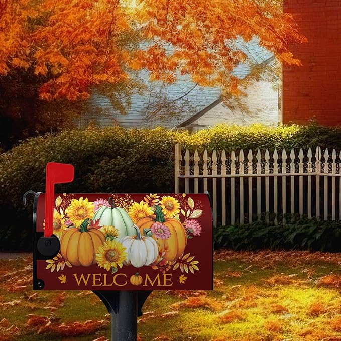 Fall Pumpkin Mailbox Cover Magnetic Autumn Sunflower Maple Leaves Mailbox Cover Standard Size 21 x 18 Inch Thanksgiving Welcome Post Box Covers Wraps Home Garden Decor for Outdoor