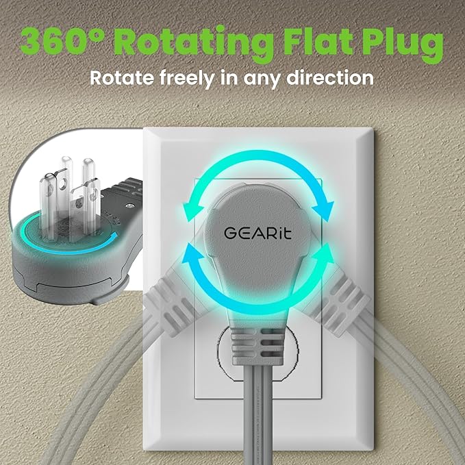 GEARit 360 Rotating Flat Plug Short Extension Cord with 3 Outlets (4ft, Gray) 16AWG/13A 3 Prong Wire, Outlet Saver for Home Office Dorm Room Essentials, ETL Certified