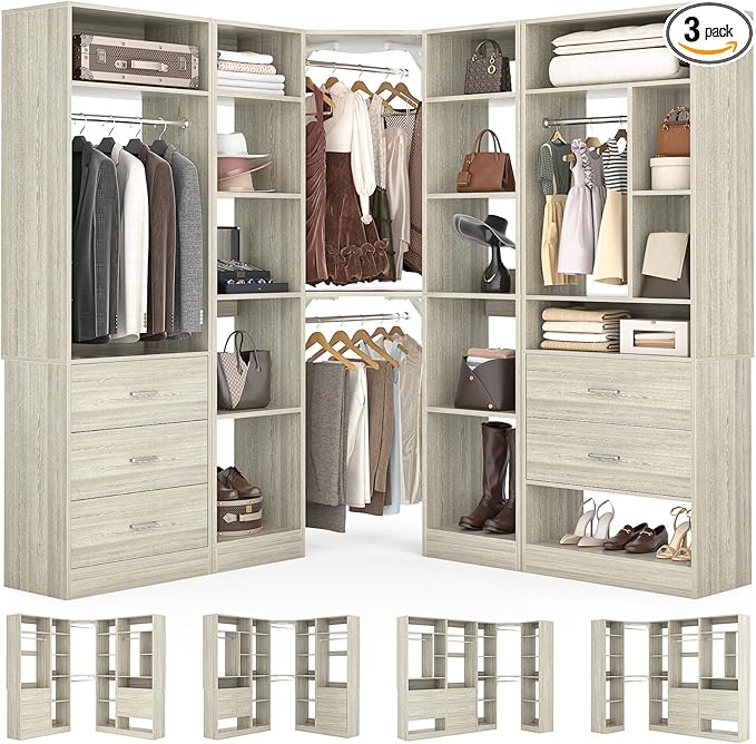 Corner Closet System with 5 Drawers, Closet Organizer System with 15+Shelvess & 4 Hanging Rods, 63.2"L * 63.2"W / 87.2"L * 39.2"W Reversible L Shaped Walk-in Closets, Load 2500+LBS, White Oak