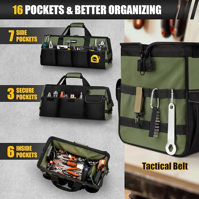 Heavy Duty Tool Bag 20-Inch, Extra Large 16-Pocket Portable Empty Tool Box Organizer Storage, Toolbox Organization, Soft Handle Carrying Toolbag with Zipper, Father Dad Men Mechanic Birthday Gift