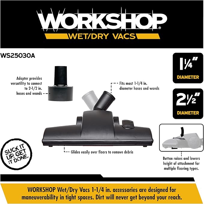WORKSHOP Wet/Dry Vacs Shop Vacuum Accessories WS25030A Carpet and Hard Floor Nozzle Vac Attachment for Wet Dry Vacuum Cleaners, Fits Most 1-1/4-inch and 2-1/2-inch Extension Wands