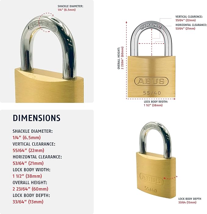 ABUS 55/40 Solid Brass Padlock with 2 Keys for School, Gym, Cabinet 1 1/2in (40mm) Wide, Keyed Alike (Keyed Different, 1)