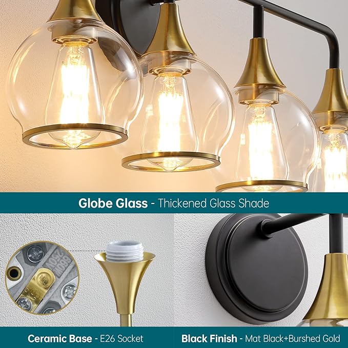 Black and Gold Bathroom Vanity Light 4-Light Bathroom Vanity Light Fixtures Over Mirror with Clear Glass Shade 30.7 inch Wall Sconce Lighting Bath(Exclude E26 Bulb)