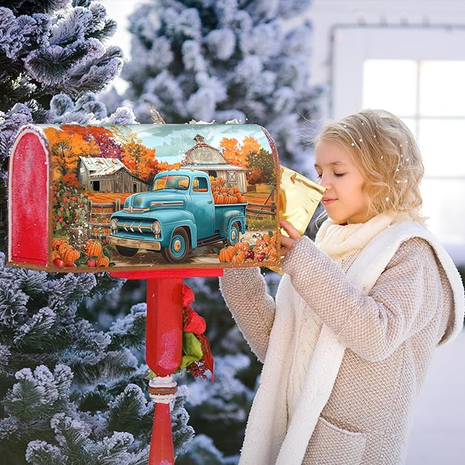 Kawani Fall Mailbox Cover - Autumn Harvest Thanksgiving Pumpkin Farm Truck Magnetic Standard Size 25.5x21 Inch Rustic Waterproof Post Box Wrap Garden Yard Decor for Outdoor