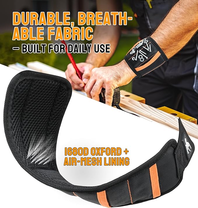 HiRui Magnetic Wristband for Tools – Ultra-Strong 15 Neodymium Magnets Hold Screws, Nails & Bits, Dual Pockets – Hands‑Free for DIY, Home Repairs, Auto – Gift‑Ready for Dad, Husband, Grandpa (Black)