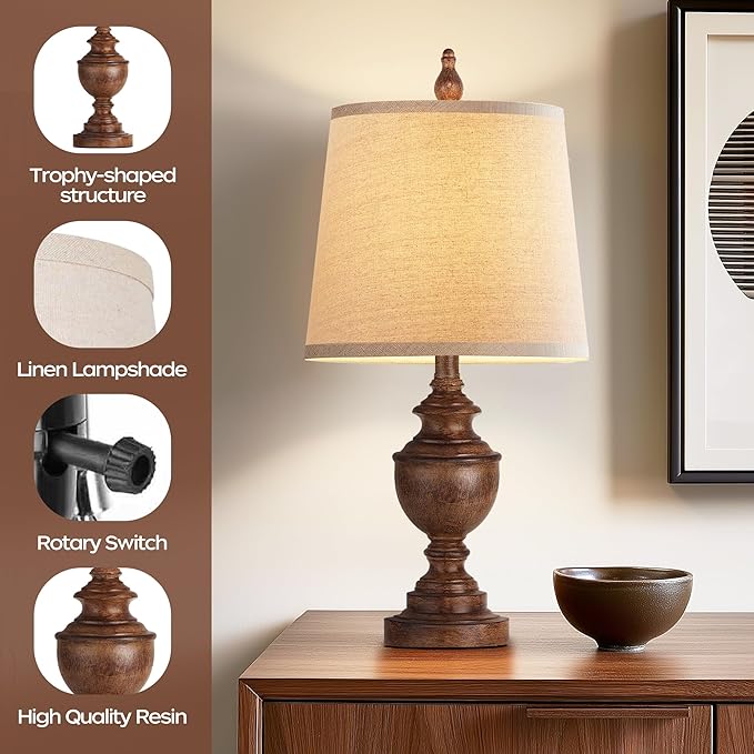 PARTPHONER Retro Table Lamps Set of 2, Bedside Lamp for Bedroom Rustic Farmhouse Table Lamps for Living Room, Vintage Nightstand Lamps with White Shades, Wood Grain