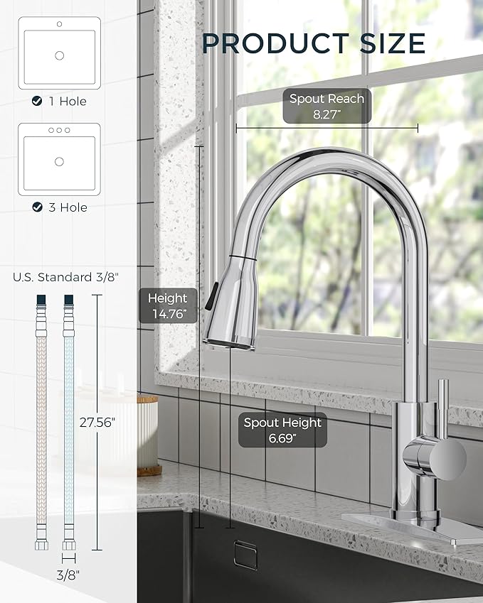 FORIOUS LED Kitchen Faucet with Pull Down Sprayer, Chrome Single Handle Stainless Steel Traditional Sink Faucets with LED Light Sprayer Head, Suitable for Farmhouse Laundry Camper Rv Bar