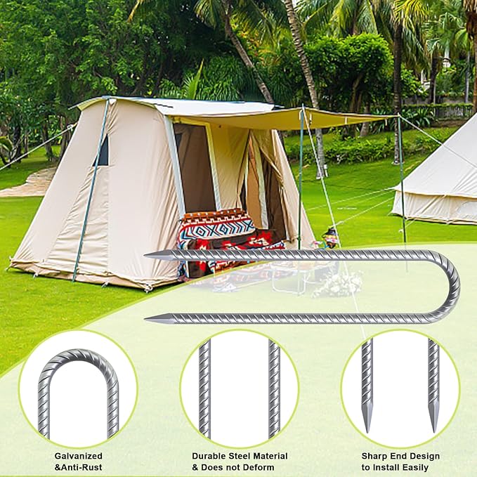 AAGUT 12 Inch Trampoline Stakes 6 Pack 3/8" U Shaped Rebar Ground Anchors Heavy Duty High Winds Galvanized Steel Trampolines Accessories for Swing Set, Camping, Soccer Goal, Huge Garden Decoration