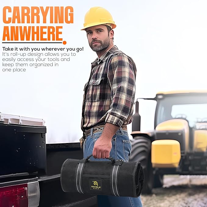 Roll up tool bag organizer with Carabiners - 4 Large Oversized Pockets with Labels-Tool roll bag organizer - Canvas foldable tool Bag organizer | Tool organizer bag for Mechanic, Electrician & more