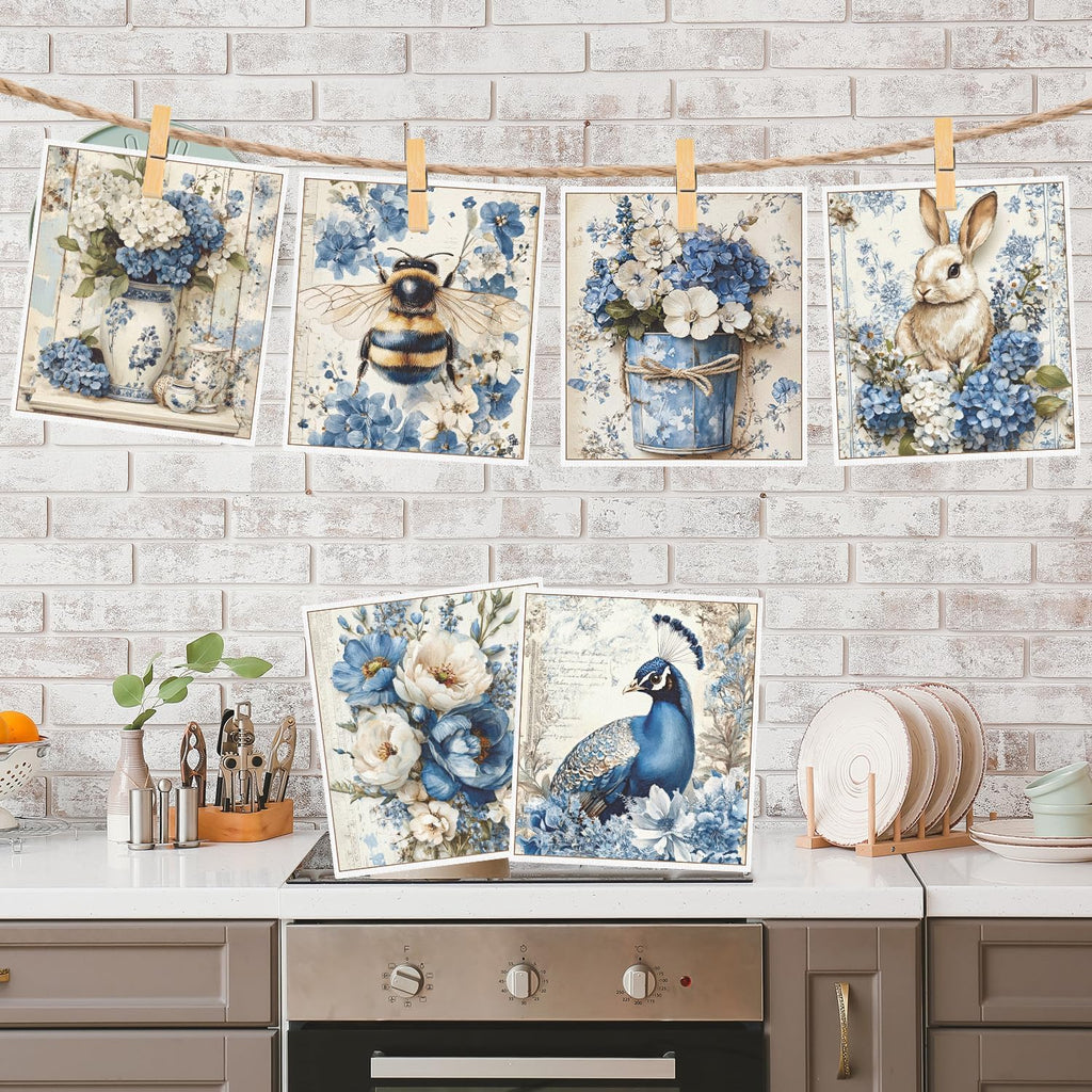 Vintage Swedish Dishcloths for Kitchen, 6PCS Flower Blue Peacock Swedish Dish Cloths Gift Set, Reusable Absorbent Cellulose Sponge Dish Towel for Home Cleaning(7.8 X 7 Inches)