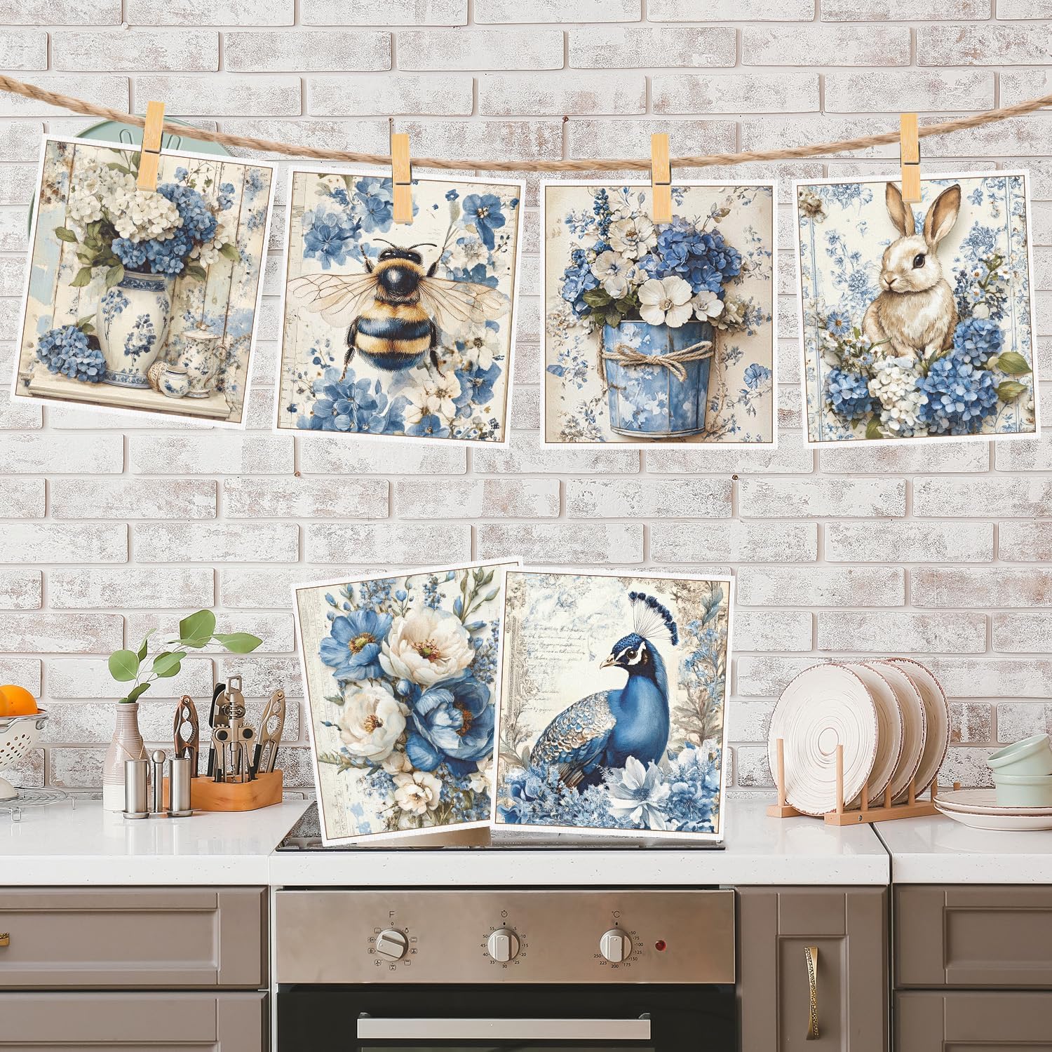 Vintage Swedish Dishcloths for Kitchen, 6PCS Flower Blue Peacock Swedish Dish Cloths Gift Set, Reusable Absorbent Cellulose Sponge Dish Towel for Home Cleaning(7.8 X 7 Inches)