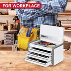 P.I.T. Mini White Tool Box, Portable 3 Drawer Steel Stackable Tool Box with Magnetic Tab Locking, White Micro Top Chest with Liner for Tools Storage and Organizers, Home DIY