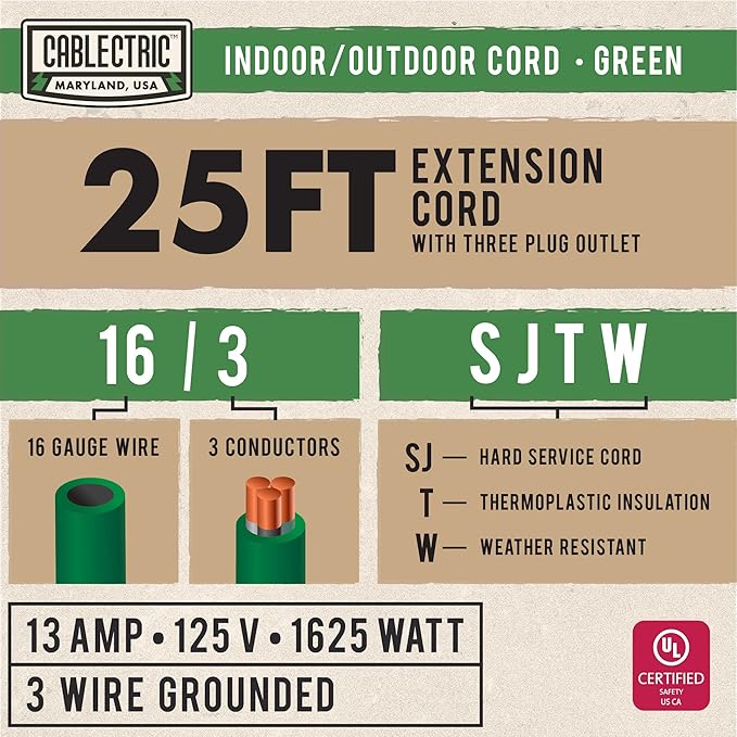 25 ft Outdoor Extension Cord 3 Outlet, 16/3 SJTW Weatherproof Multiple Plugs Green Extension Cord 3 Prong, 13 Amp Exterior Power Cable Three Way Plug for Outside & Landscaping